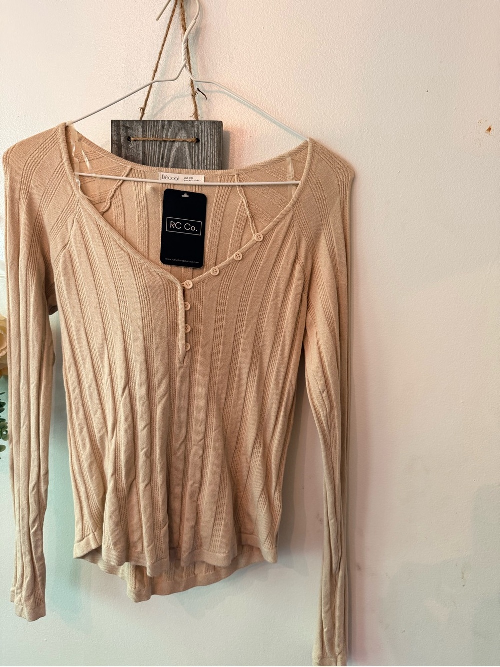 Women's Beige Ribbed Henley Long Sleeve Top
